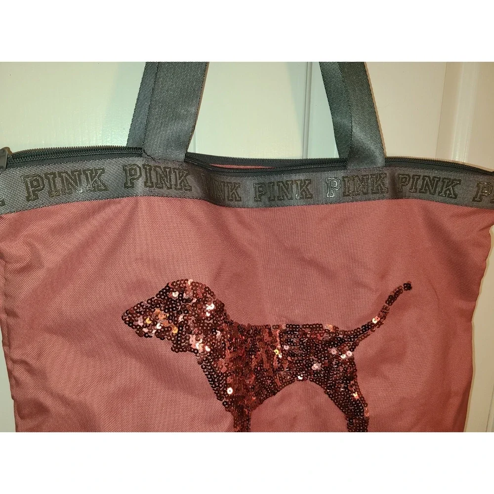 VS Victoria's Secret PINK Large Tote Beach Bag‎ Pink Sequin Dog Design Zipper